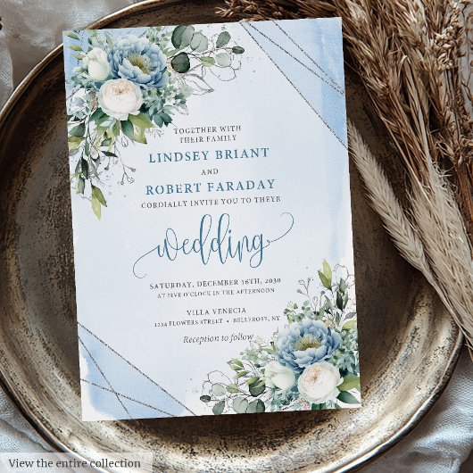Luxe Dusty Blauw Wit Zilveren Bloemen Wedding Kaart