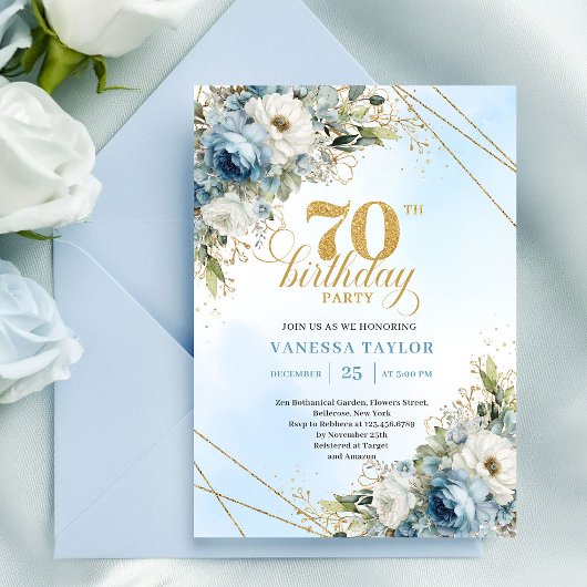 Luxe dusty blue florals gold frame 70th birthday  kaart