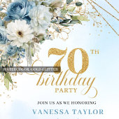 Luxe dusty blue florals gold frame 70th birthday  kaart