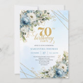 Luxe dusty blue florals gold frame 70th birthday  kaart (Voorkant)