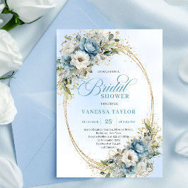 Luxe Dusty Blue Flowers Gold Frame Bridal Shower  Kaart