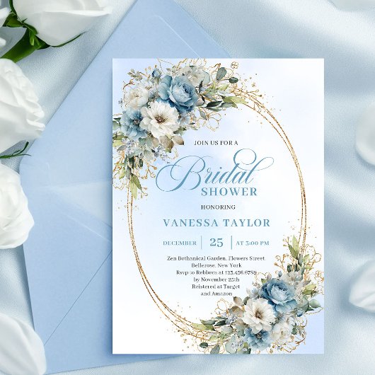 Luxe Dusty Blue Flowers Gold Frame Bridal Shower  Kaart