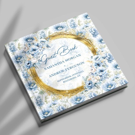 Luxe Dusty Blue Gold Glitter Wedding Guest Book Gastenboek