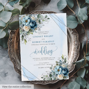 Luxe Dusty Blue Silver Wedding Invitation Kaart
