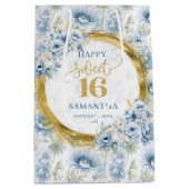 Luxe Dusty Blue Sweet 16 Gold Glitter Gift Bag Medium Cadeauzakje (Voorkant)