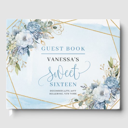Luxe Dusty Blue White Gold Flowers Sweet 16th Gastenboek (Voorkant)