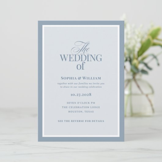 Luxe Dusty Blue with RSVP QR Code | Wedding Kaart (Staand voorkant)