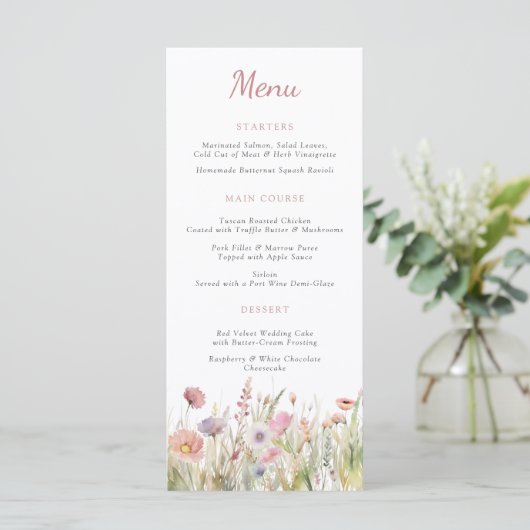 Luxe Dusty Pink Wildflower Wedding Menu (Staand voorkant)