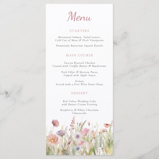 Luxe Dusty Pink Wildflower Wedding Menu (Voorkant)