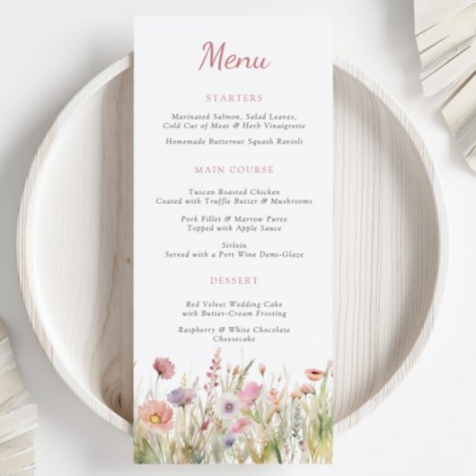 Luxe Dusty Pink Wildflower Wedding Menu