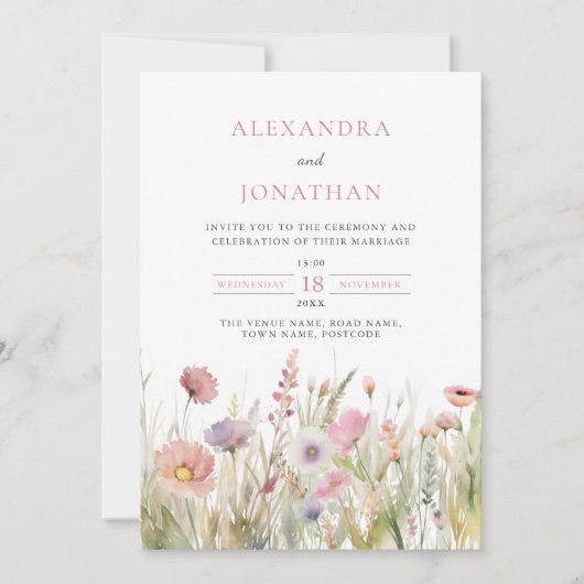 Luxe Dusty Roze Wildflower Wedding Kaart (Voorkant)
