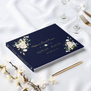 Luxe Echt Folie Witte Bloemen Navy Blauwe Trouw Gastenboek
