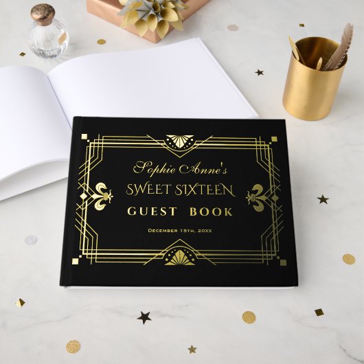 Luxe Echte Folie Goud Zwart Sweet Sixteen Party Gastenboek (Voorkant open)