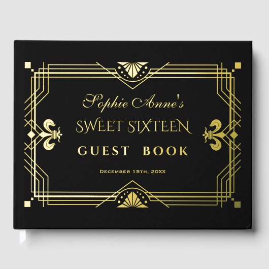 Luxe Echte Folie Goud Zwart Sweet Sixteen Party Gastenboek (Voorkant)