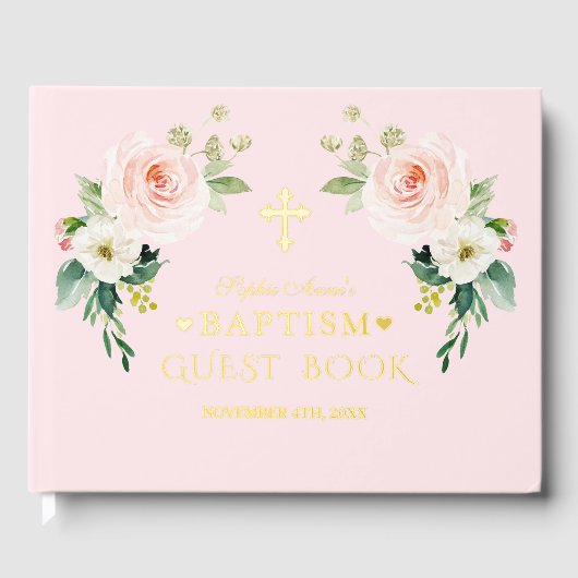 Luxe echte folie roze bloemen meisje doop gastenboek (Voorkant)