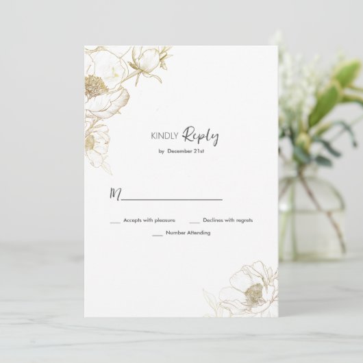 Luxe eenvoudige witte gouden pioenroos bloemen RSV Kaart (Staand voorkant)