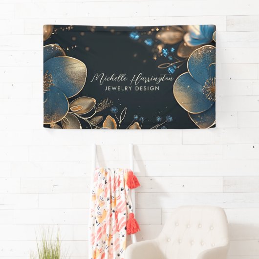Luxe Elegance Blauw en Goud Bloemen Sieraden Ontwe Spandoek (Insitu)