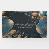 Luxe Elegance Blauw en Goud Bloemen Sieraden Ontwe Spandoek (Horizontaal)