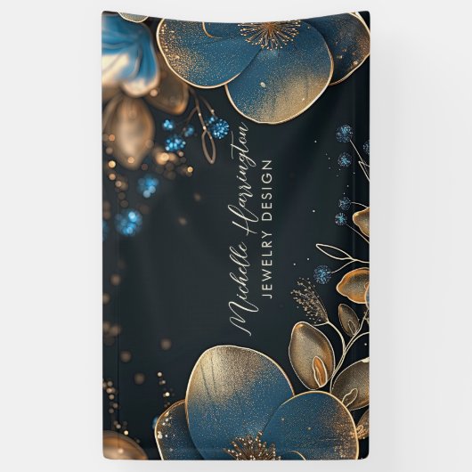 Luxe Elegance Blauw en Goud Bloemen Sieraden Ontwe Spandoek (Verticaal)