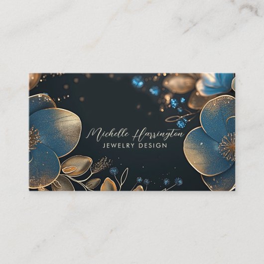 Luxe Elegance Blauw en Goud Bloemen Sieraden Ontwe Visitekaartje (Voorkant)