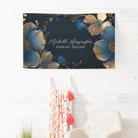 Luxe Elegance Goud en Blauw Bloemen Sieraden Ontwe Spandoek (Insitu)