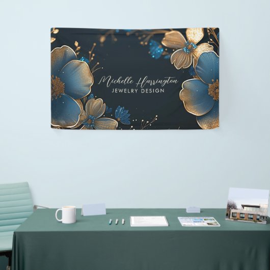 Luxe Elegance Goud en Blauw Bloemen Sieraden Ontwe Spandoek (Beurs)