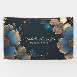 Luxe Elegance Goud en Blauw Bloemen Sieraden Ontwe Spandoek