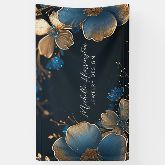 Luxe Elegance Goud en Blauw Bloemen Sieraden Ontwe Spandoek (Verticaal)