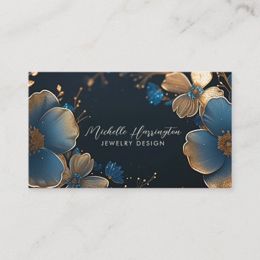 Luxe Elegance Goud en Blauw Bloemen Sieraden Ontwe Visitekaartje (Voorkant)