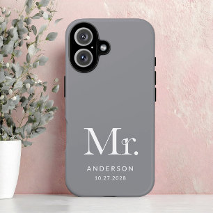 Luxe Elegance Grey Mister en trouwdatum iPhone 16 Hoesje