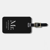 Luxe Elegance Zwart | Meneer en trouwdatum Bagagelabel (Voorkant horizontaal)