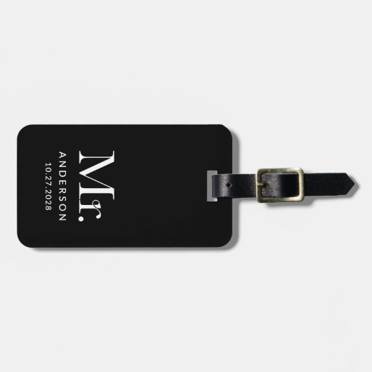 Luxe Elegance Zwart | Meneer en trouwdatum Bagagelabel (Voorkant horizontaal)
