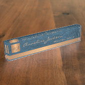 Luxe elegant blauw leder goud monogram naambordje (Zijkant)