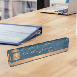 Luxe elegant blauw leder goud monogram naambordje