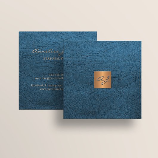 Luxe elegant blauw ledergoudmonogram vierkante visitekaartje
