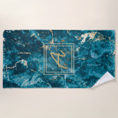 Luxe Elegant Blue Marble Effect Monogram Strandlaken (Voorkant)