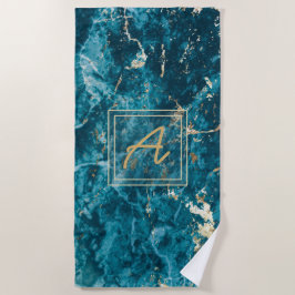 Luxe Elegant Blue Marble Effect Monogram Strandlaken