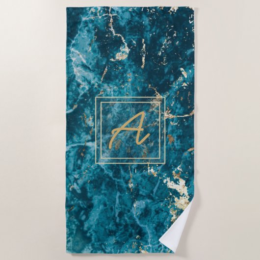 Luxe Elegant Blue Marble Effect Monogram Strandlaken (Voorkant)