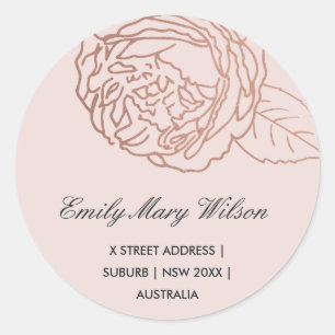 LUXE ELEGANT BLUSH PINK ROSE GOLD FLORAL ADRES RONDE STICKER
