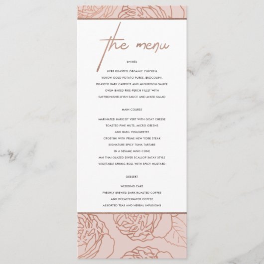 LUXE ELEGANT BLUSH PINK ROSE GOLD FLORAL MENU (Voorkant)