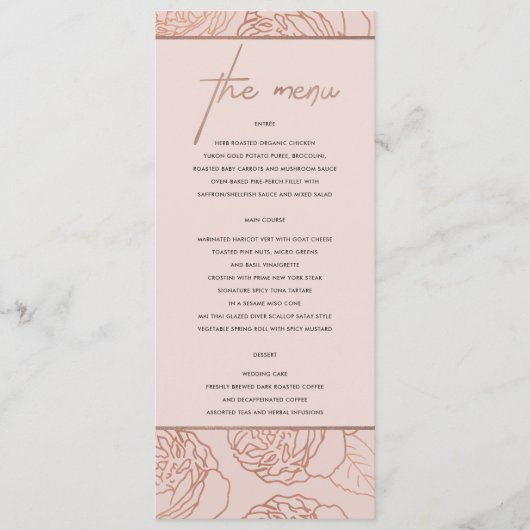 LUXE ELEGANT BLUSH PINK ROSE GOLD FLORAL MENU (Voorkant)