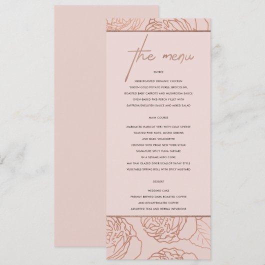 LUXE ELEGANT BLUSH PINK ROSE GOLD FLORAL MENU (Voorkant / Achterkant)