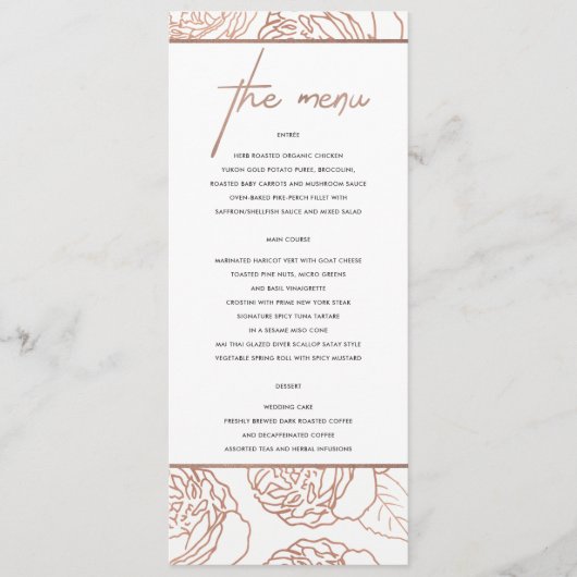 LUXE ELEGANT BLUSH PINK ROSE GOLD FLORAL MENU (Voorkant)