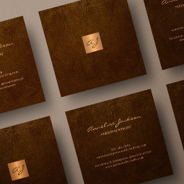 Luxe elegant bruin leder koper goud monogram vierkante visitekaartje