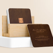 Luxe elegant bruin leder koper goud monogram vierkante visitekaartje
