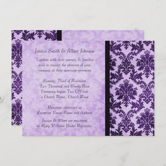 Luxe Elegant Damask Paarse Roos bruiloft uitnodige Kaart (Voorkant / Achterkant)