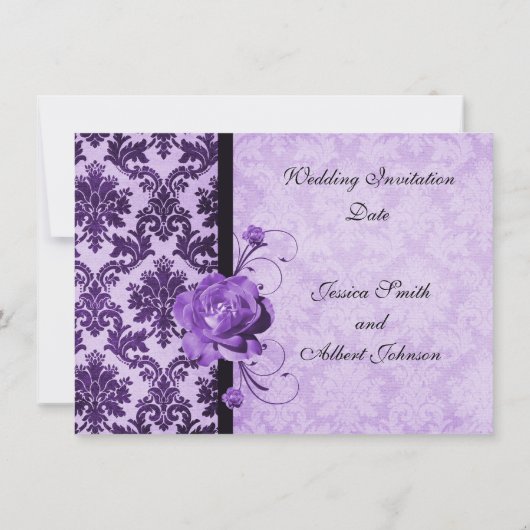 Luxe Elegant Damask Paarse Roos bruiloft uitnodige Kaart (Achterkant)