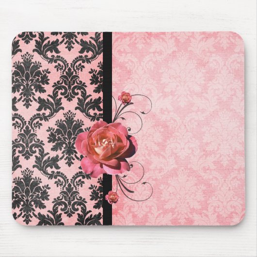 Luxe Elegant Damask Roze Rose Mousepad Muismat (Voorkant)