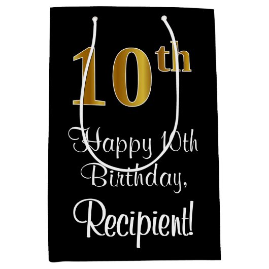 Luxe, Elegant, Faux Gold Look 10e verjaardag Medium Cadeauzakje (Voorkant)