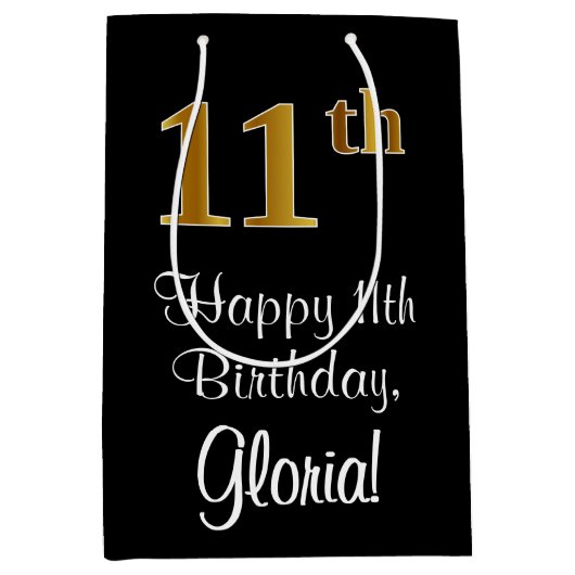 Luxe, Elegant, Faux Gold Look 11e verjaardag Medium Cadeauzakje (Voorkant)